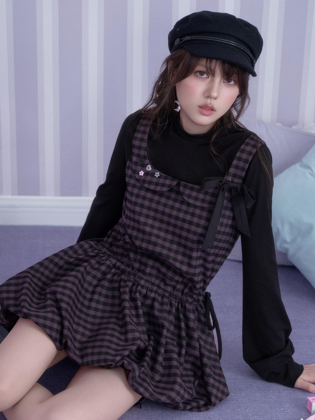 SagiDolls Vintage Preppy Faux Two Piece Plaid Bubble Hem Half High Neck Women's Polyester Slip Mini Dresses