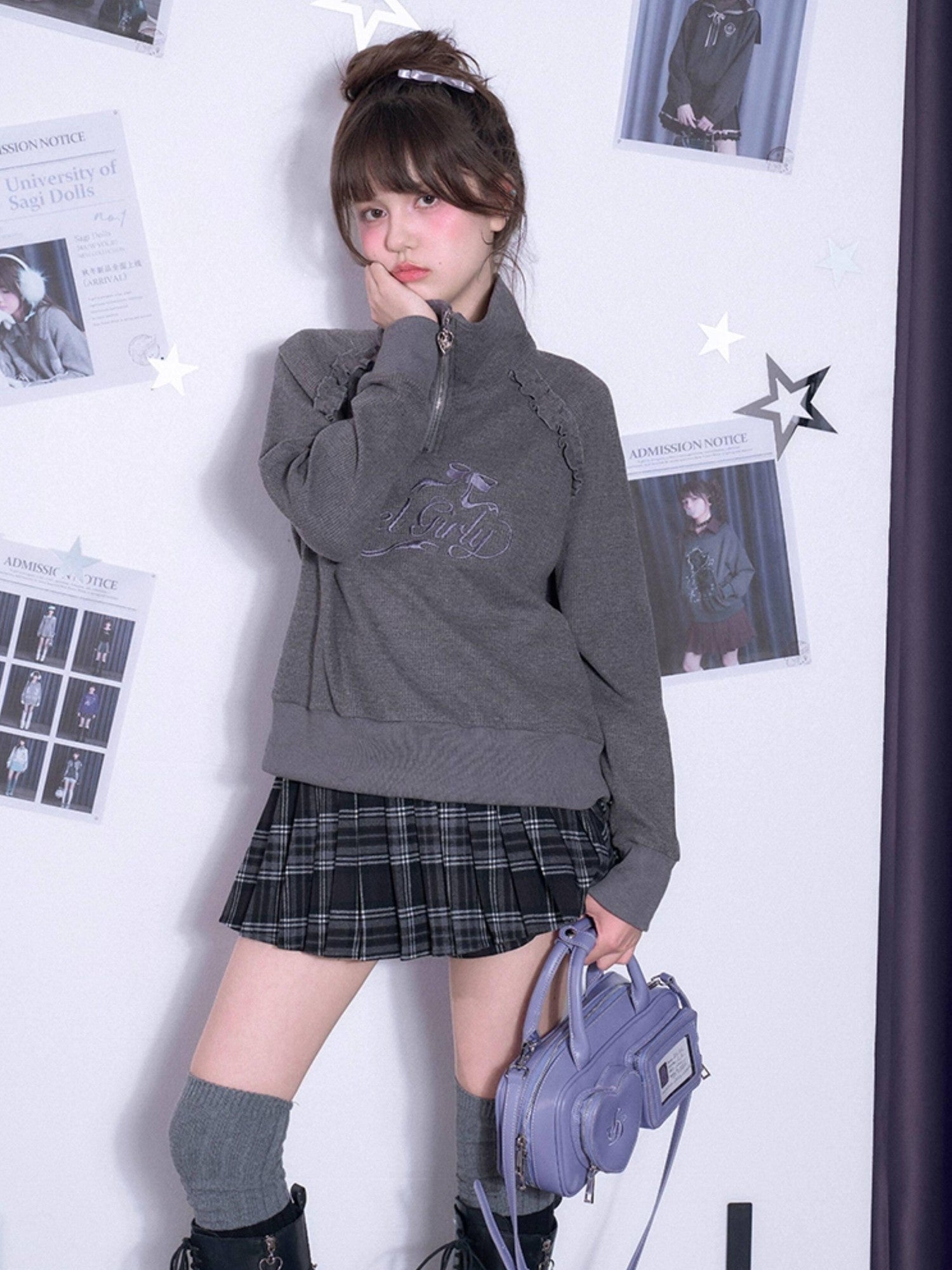 SagiDolls Waffle Embroidered Letter Polo Collar Women's Poly Cotton Sweatshirts