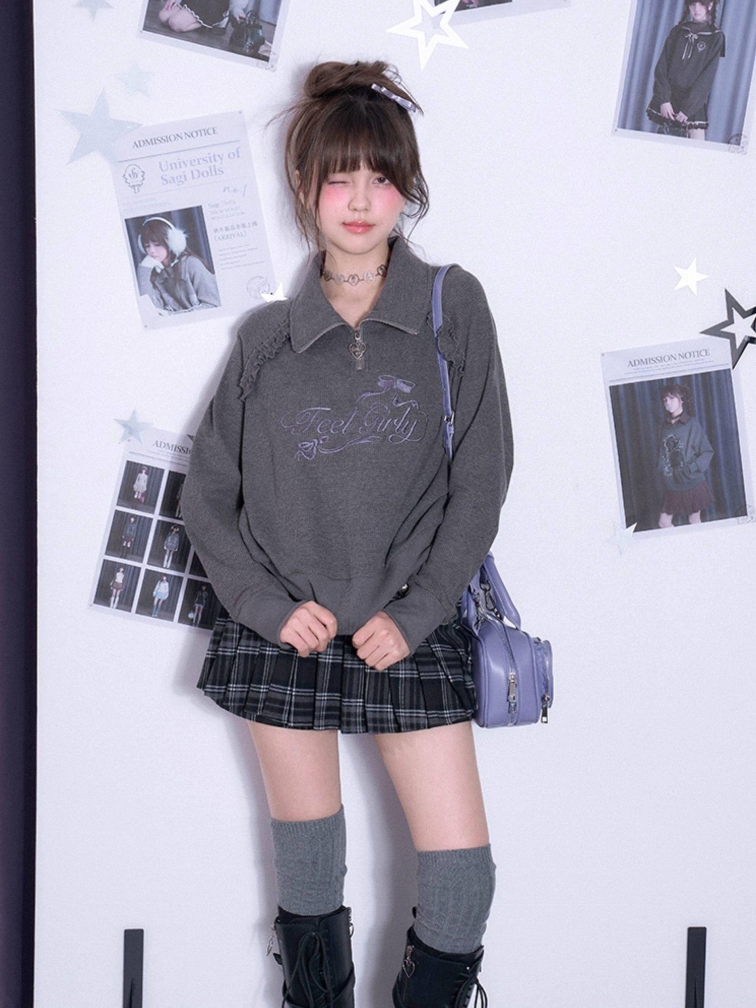 SagiDolls Waffle Embroidered Letter Polo Collar Women's Poly Cotton Sweatshirts