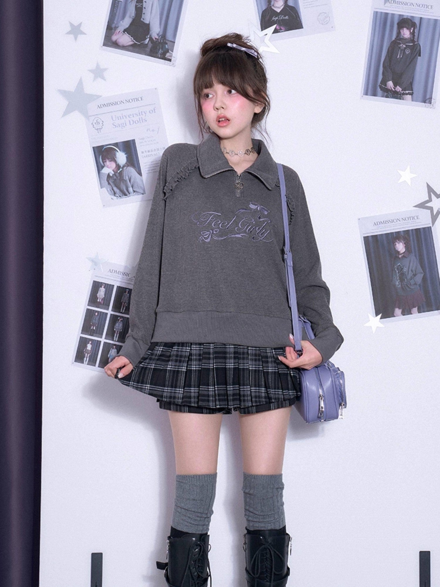 SagiDolls Waffle Embroidered Letter Polo Collar Women's Poly Cotton Sweatshirts