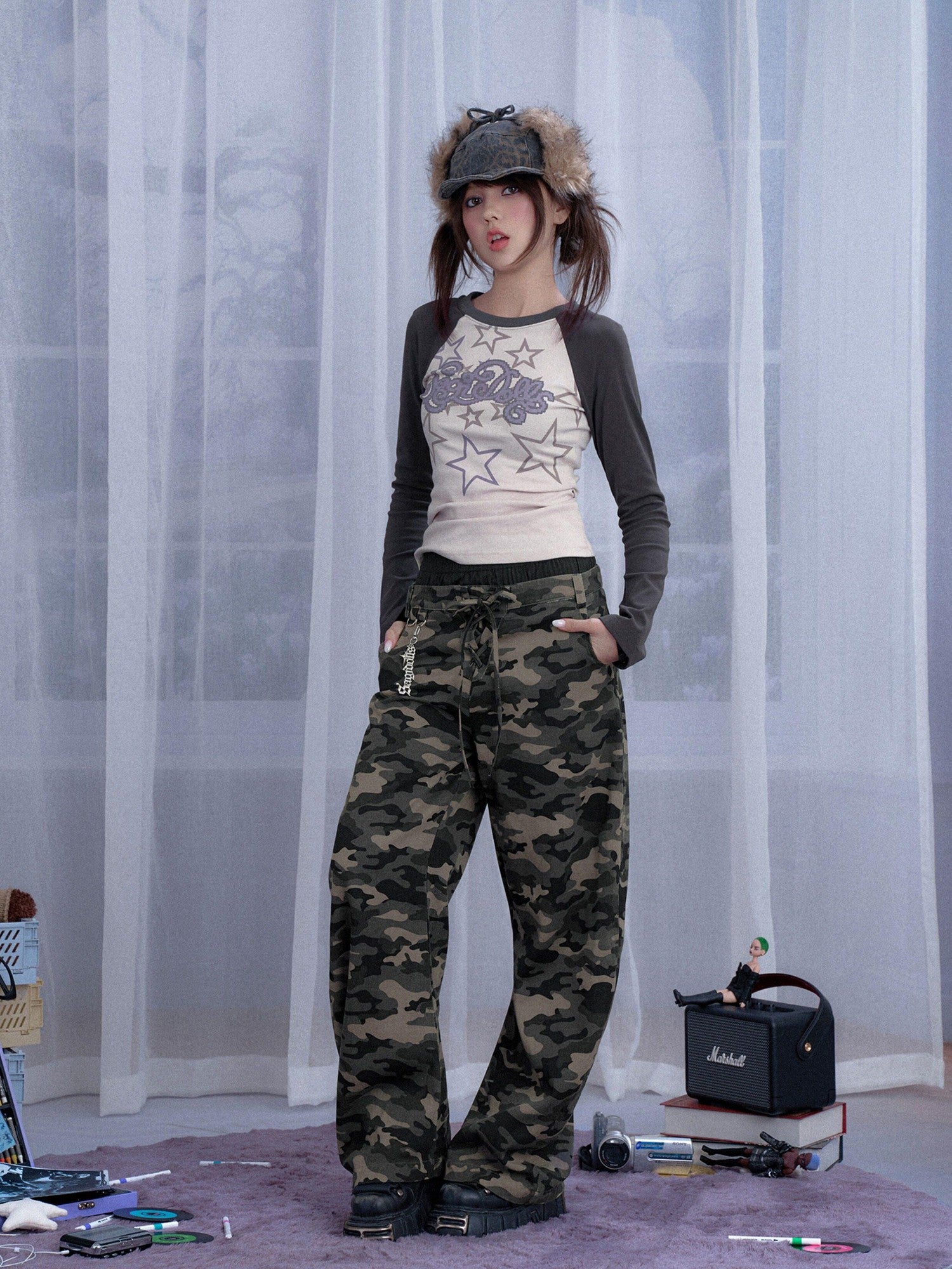 SagiDolls Washed Camo Patchwork Printed Drawstring Women's Cotton Barrel-leg Jeans