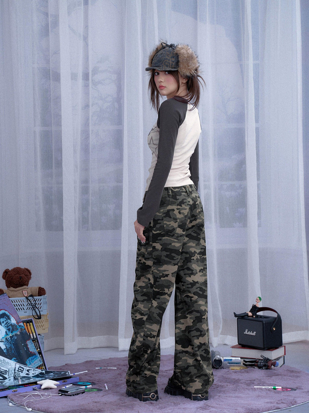 SagiDolls Washed Camo Patchwork Printed Drawstring Women's Cotton Barrel-leg Jeans