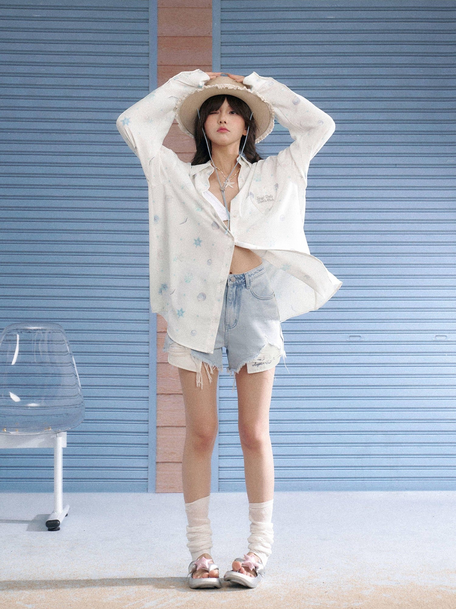SagiDolls White Ocean Print Pocket Lapel Long Sleeve Women's Silky Polyester Shirts