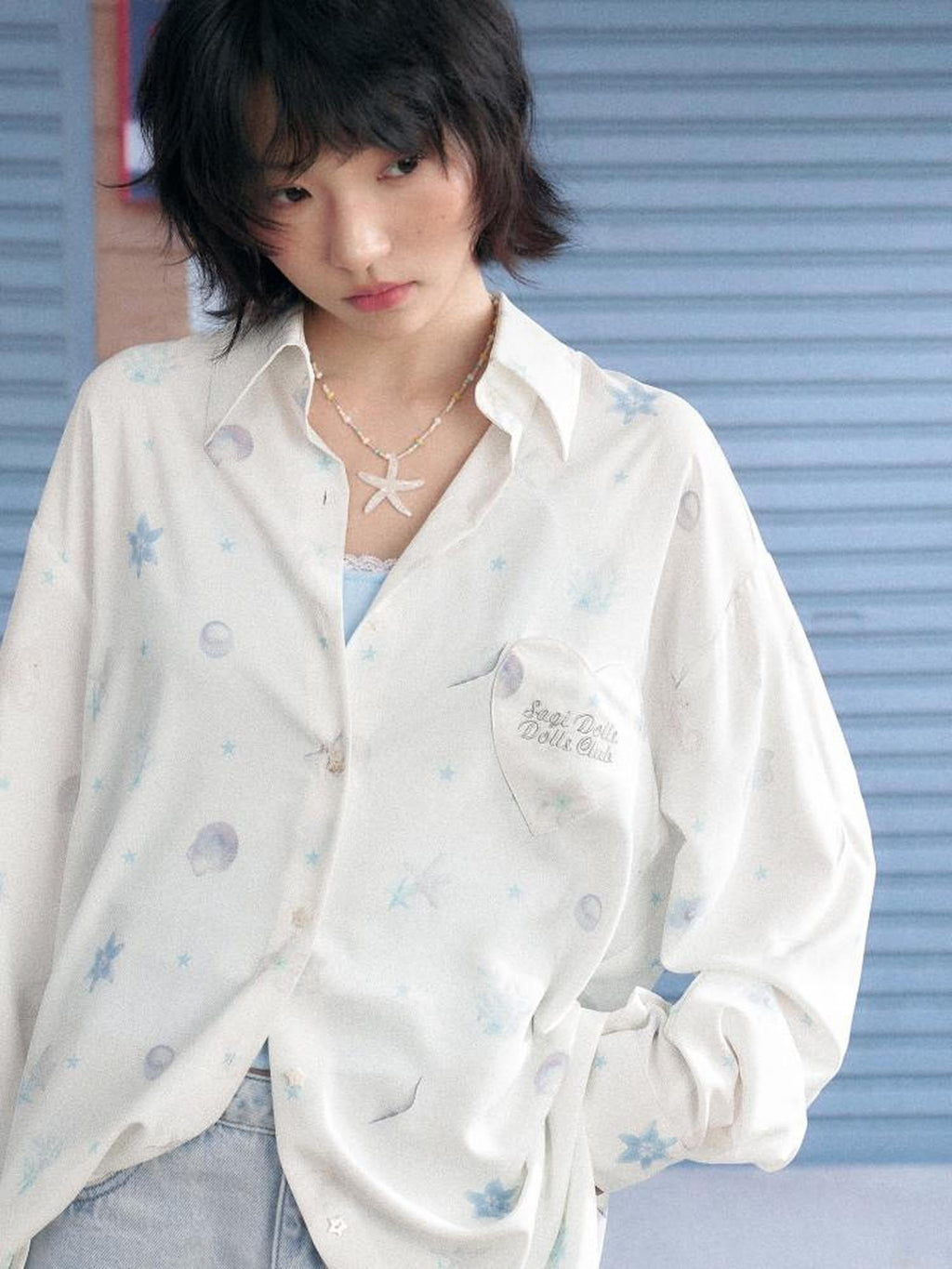 SagiDolls White Ocean Print Pocket Lapel Long Sleeve Women's Silky Polyester Shirts