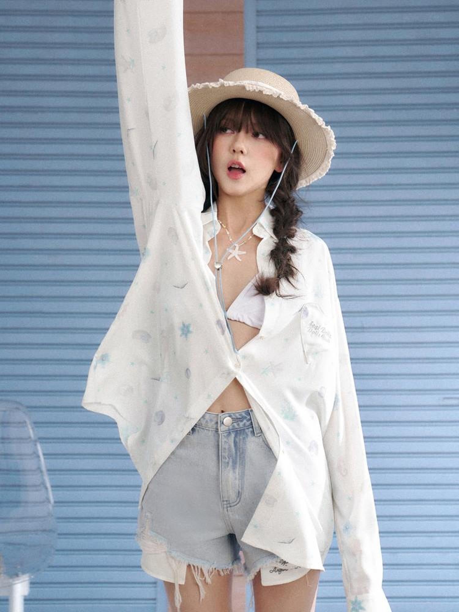 SagiDolls White Ocean Print Pocket Lapel Long Sleeve Women's Silky Polyester Shirts