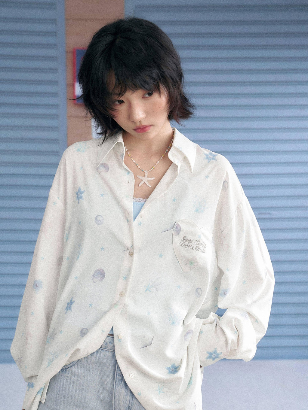 SagiDolls White Ocean Print Pocket Lapel Long Sleeve Women's Silky Polyester Shirts