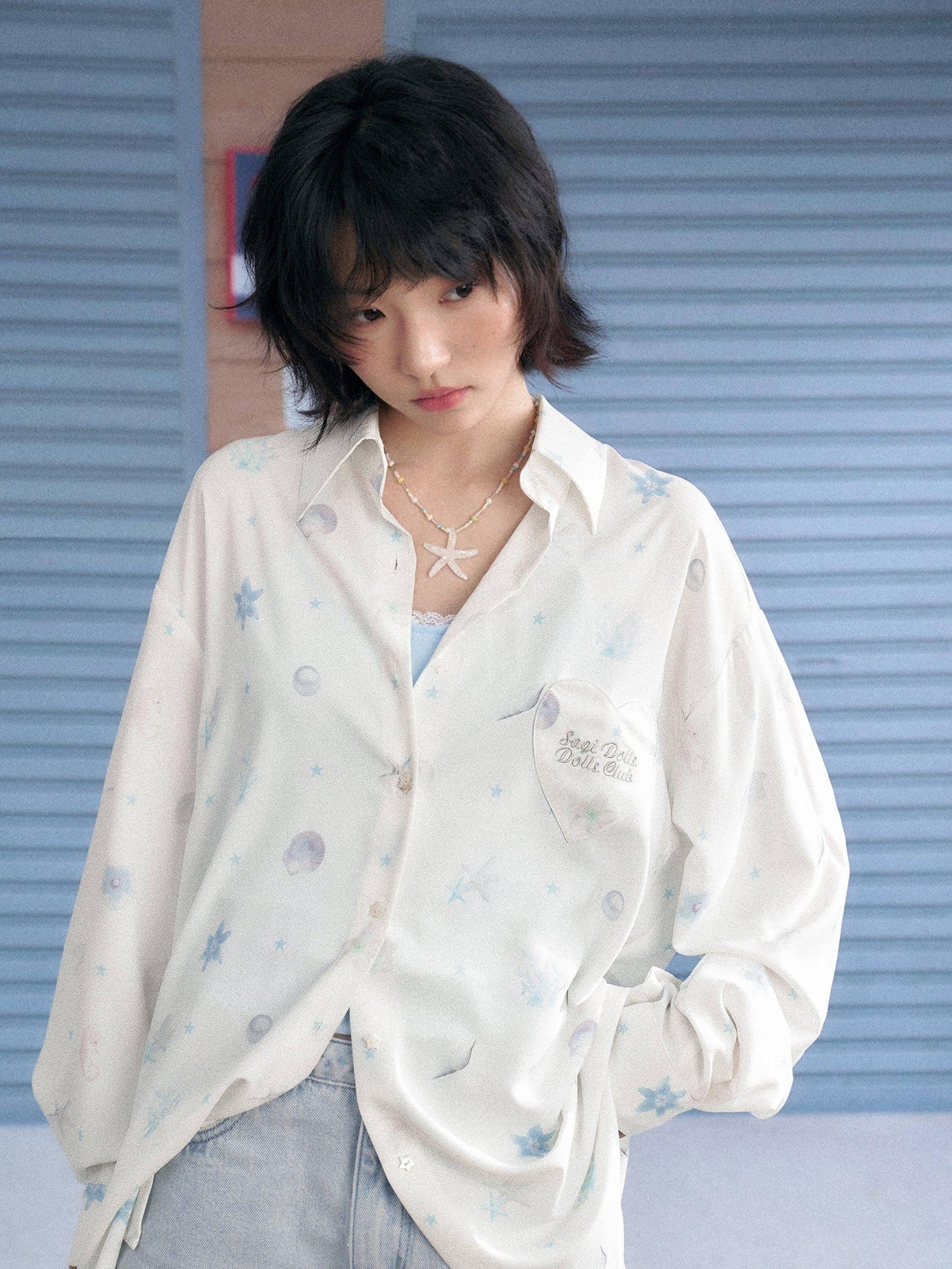 SagiDolls White Ocean Print Pocket Lapel Long Sleeve Women's Silky Polyester Shirts