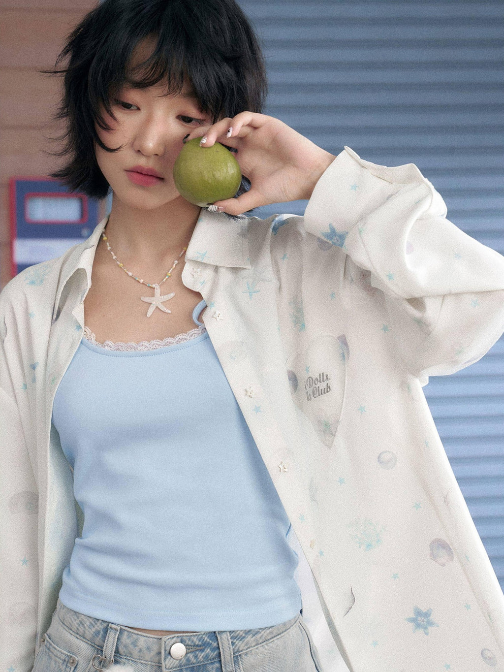 SagiDolls White Ocean Print Pocket Lapel Long Sleeve Women's Silky Polyester Shirts