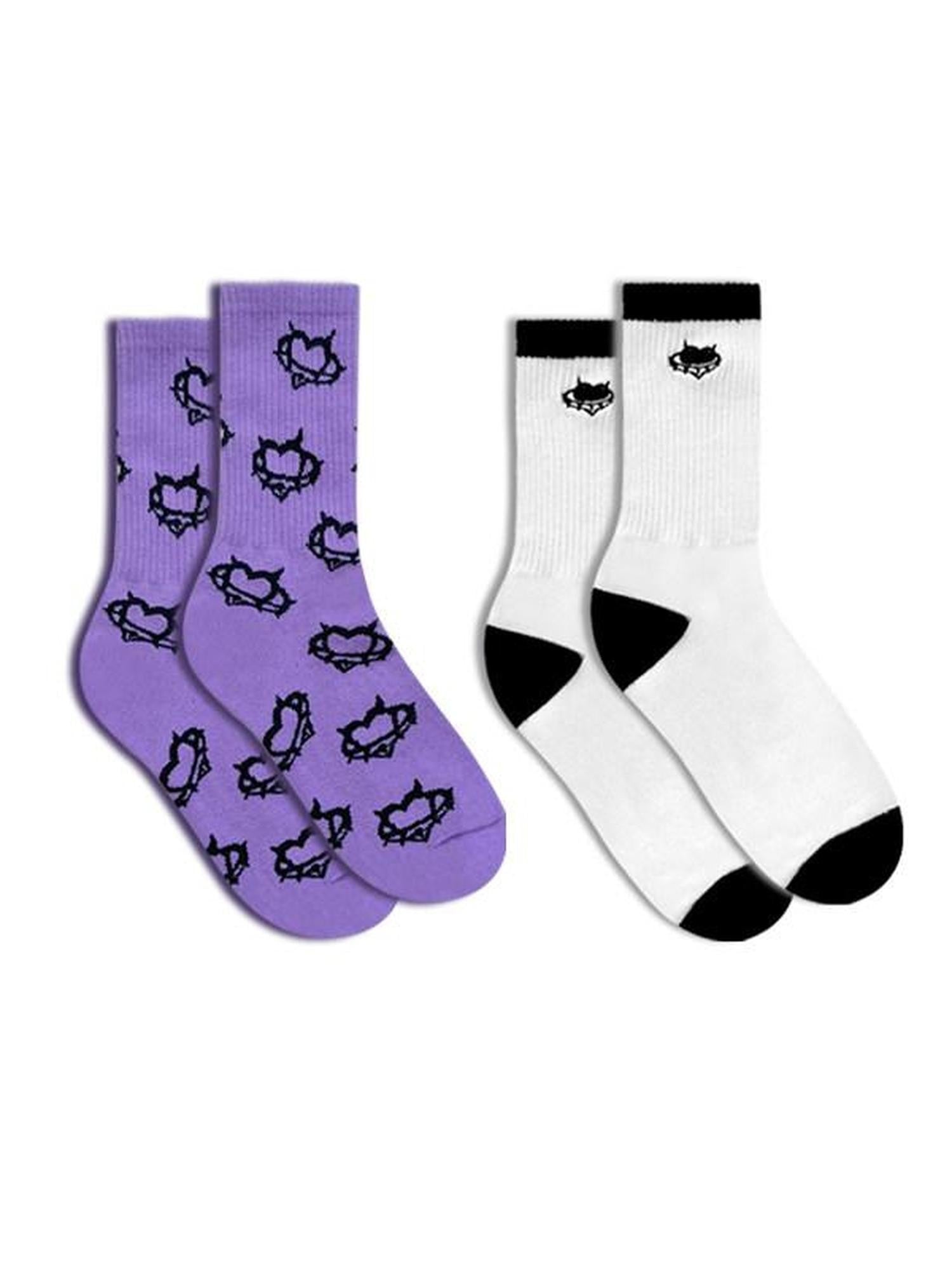SagiDolls White Purple Cartoon Jacquard Logo Midcalf Sport Women's Cotton Blend Crew Socks