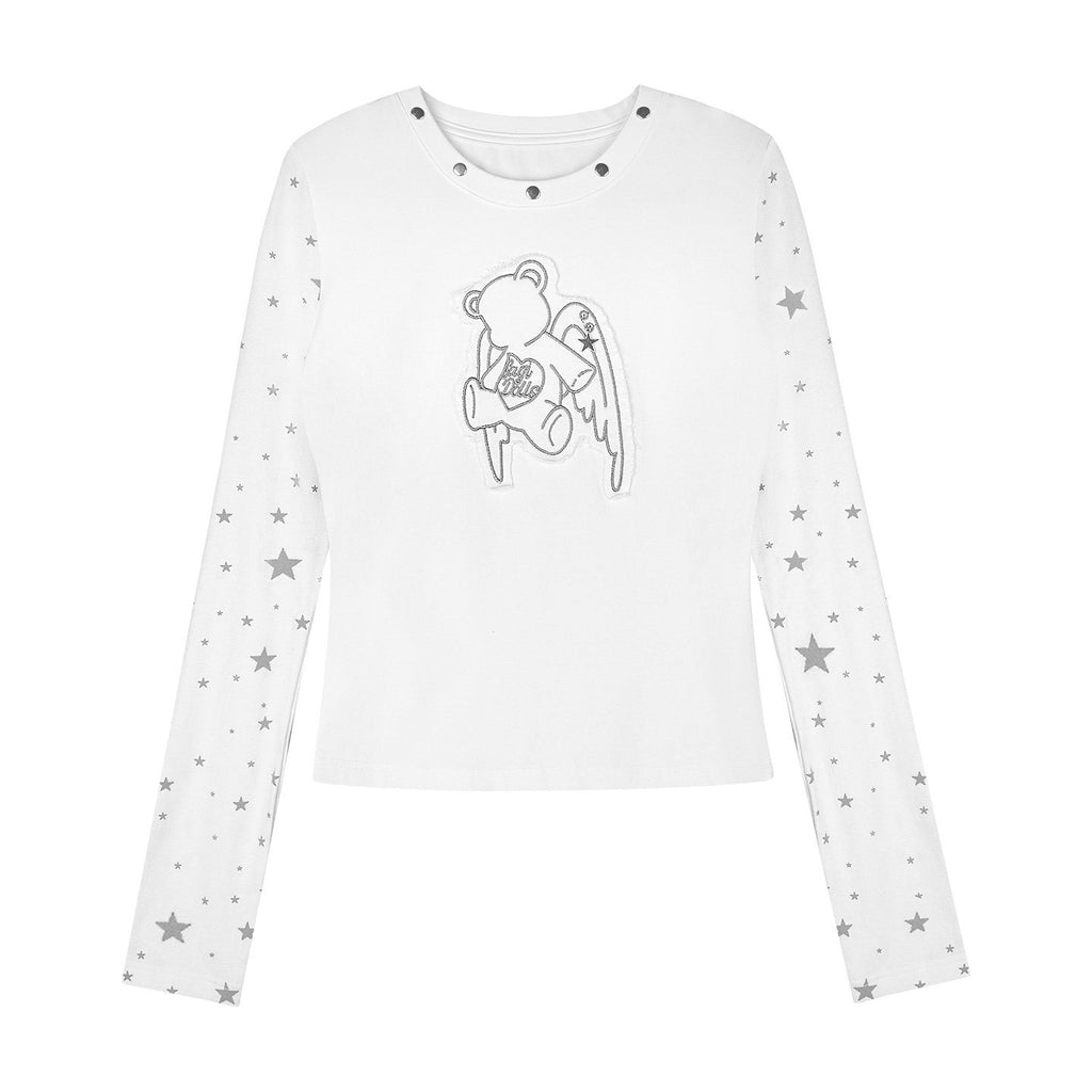 SagiDolls_White_Star_Angel_Bear_Embroidered_Women's_Cotton_Blend_Long_Sleeve_T-shirts_955939904438_MISSTT