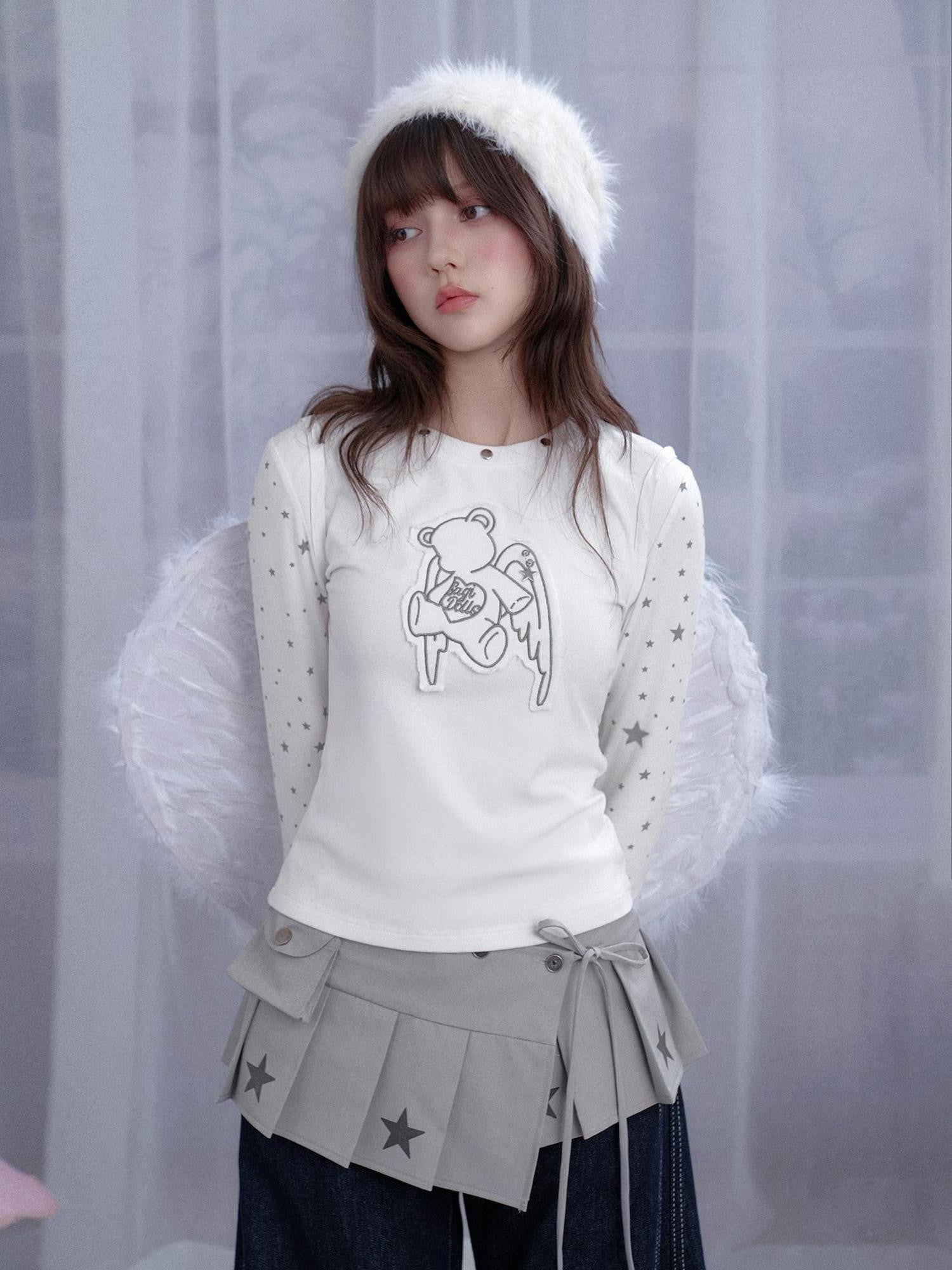 SagiDolls White Star Angel Bear Embroidered Women's Cotton Blend Long Sleeve T-shirts