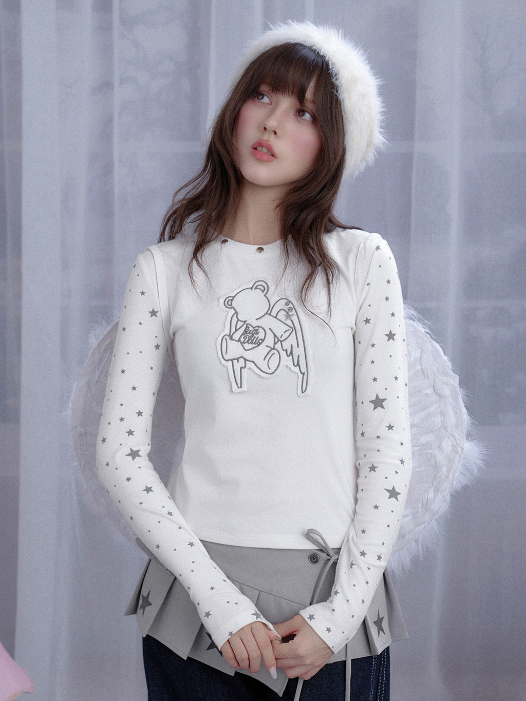 SagiDolls White Star Angel Bear Embroidered Women's Cotton Blend Long Sleeve T-shirts