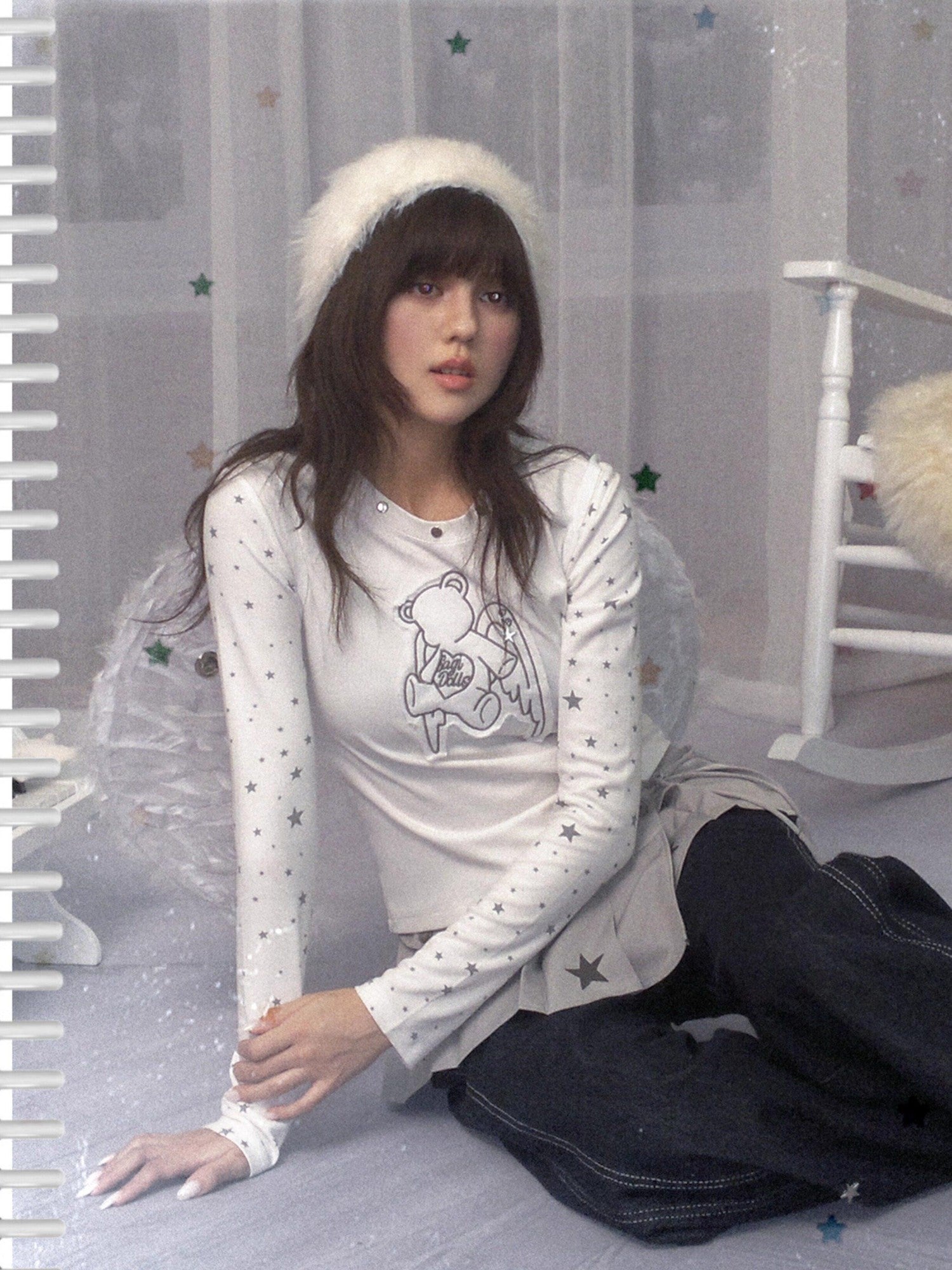 SagiDolls White Star Angel Bear Embroidered Women's Cotton Blend Long Sleeve T-shirts