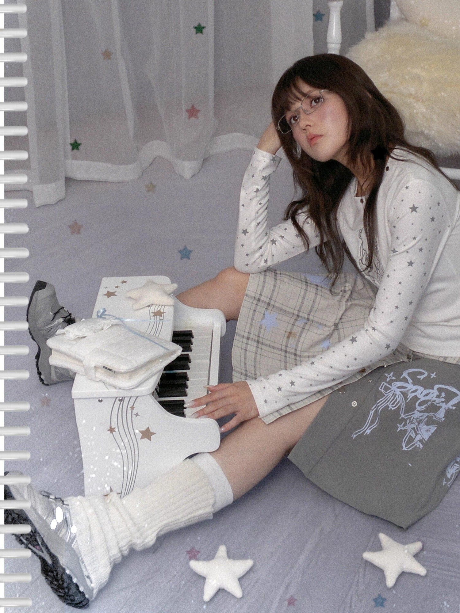 SagiDolls White Star Angel Bear Embroidered Women's Cotton Blend Long Sleeve T-shirts
