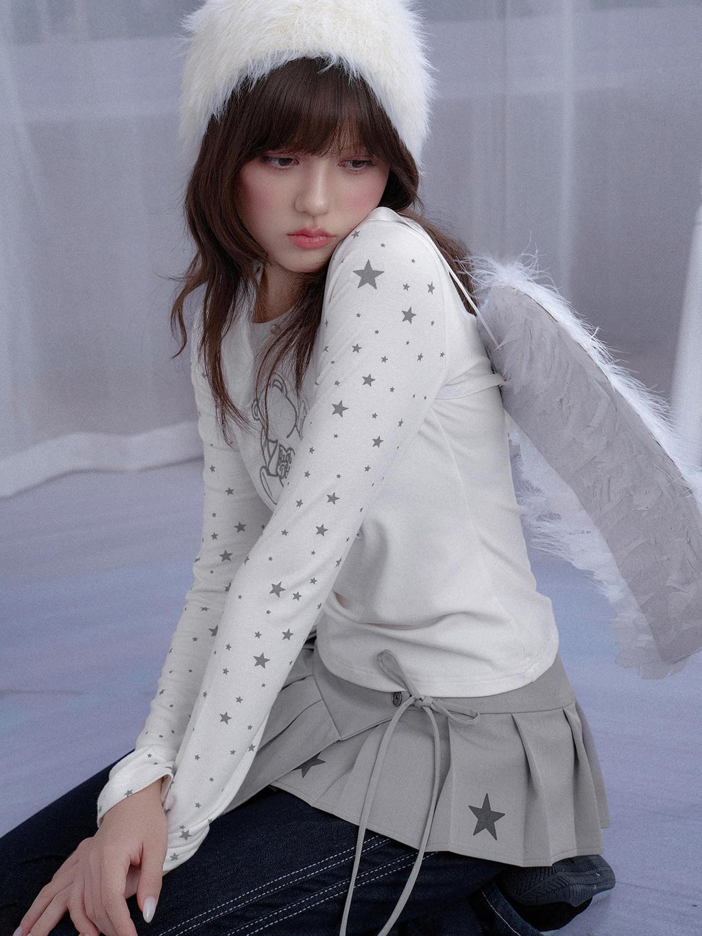 SagiDolls White Star Angel Bear Embroidered Women's Cotton Blend Long Sleeve T-shirts