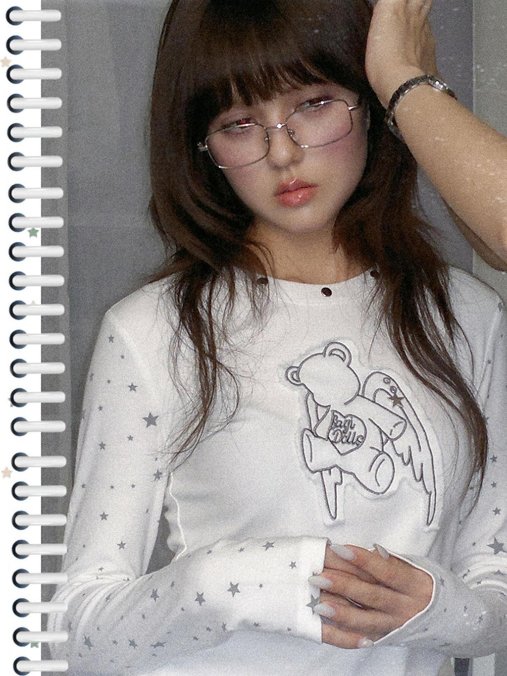 SagiDolls White Star Angel Bear Embroidered Women's Cotton Blend Long Sleeve T-shirts