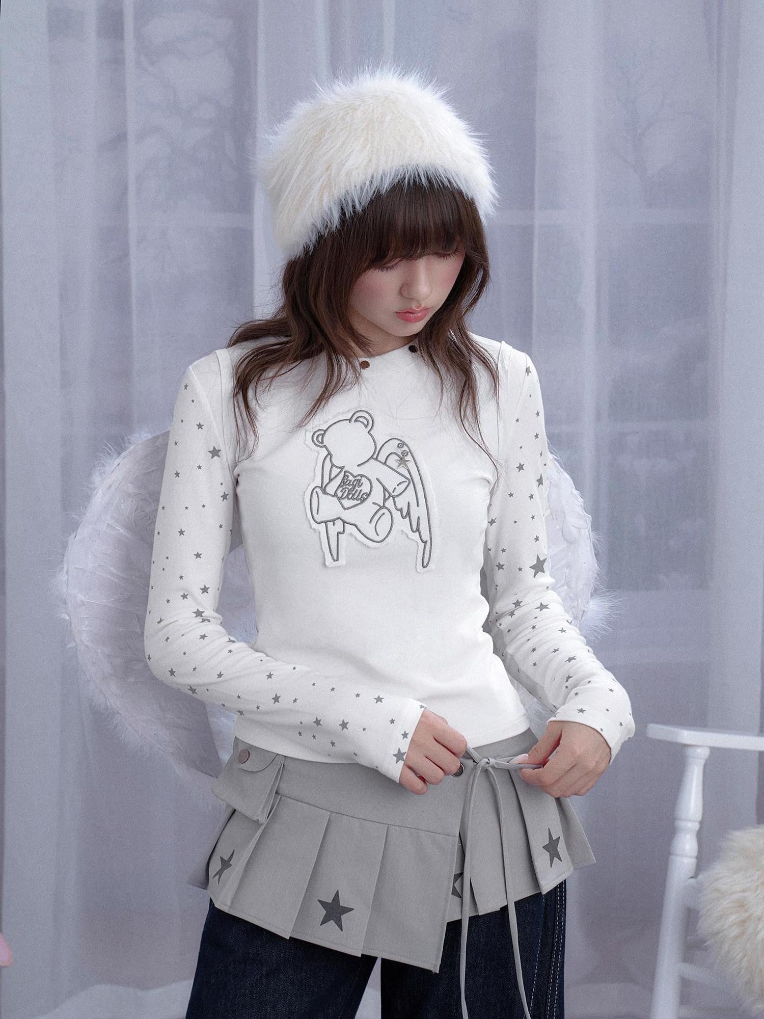 SagiDolls White Star Angel Bear Embroidered Women's Cotton Blend Long Sleeve T-shirts