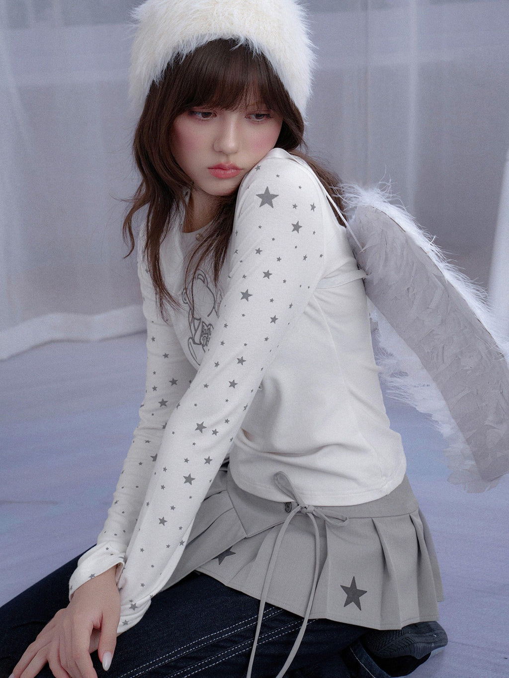 SagiDolls White Star Angel Bear Embroidered Women's Cotton Blend Long Sleeve T-shirts