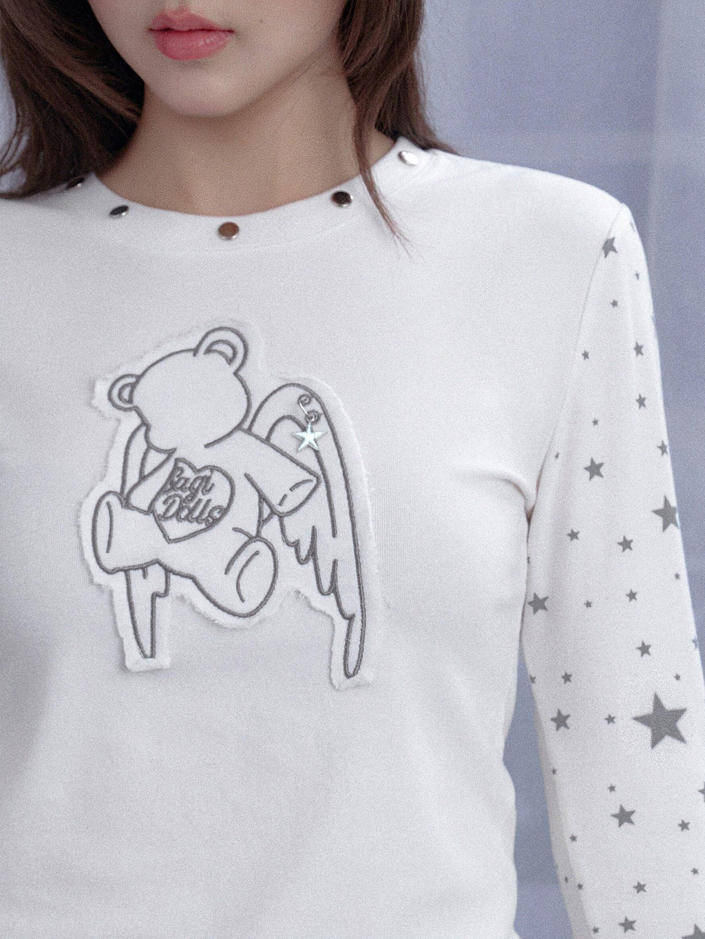 SagiDolls White Star Angel Bear Embroidered Women's Cotton Blend Long Sleeve T-shirts