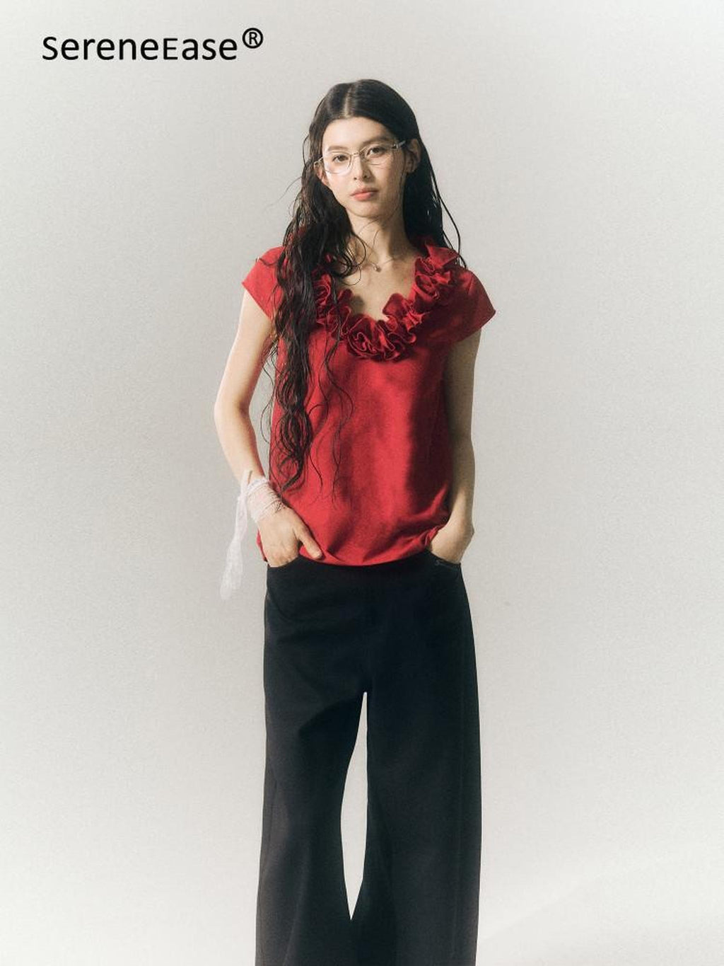 SereneEase 3d Red Floral V-neck Ruffle Women's Polyester Cotton Short Sleeve T-shirts