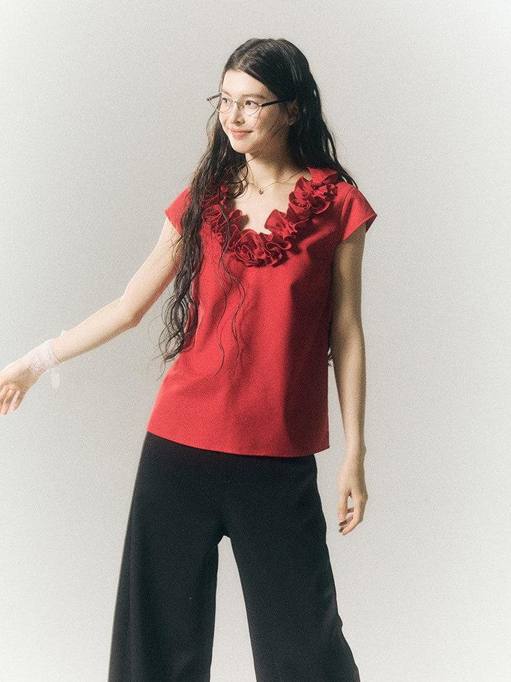 SereneEase 3d Red Floral V-neck Ruffle Women's Polyester Cotton Short Sleeve T-shirts