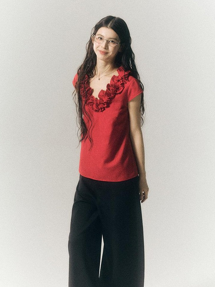 SereneEase 3d Red Floral V-neck Ruffle Women's Polyester Cotton Short Sleeve T-shirts