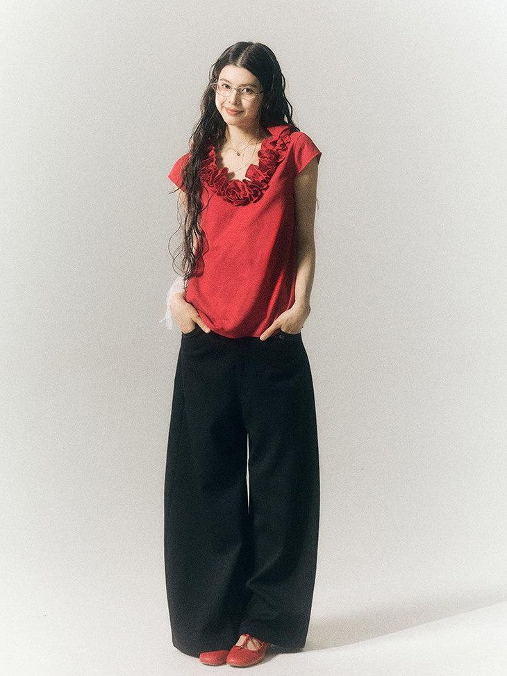 SereneEase 3d Red Floral V-neck Ruffle Women's Polyester Cotton Short Sleeve T-shirts