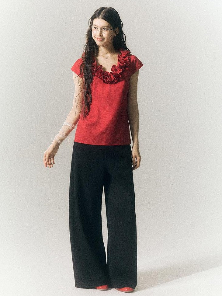 SereneEase 3d Red Floral V-neck Ruffle Women's Polyester Cotton Short Sleeve T-shirts