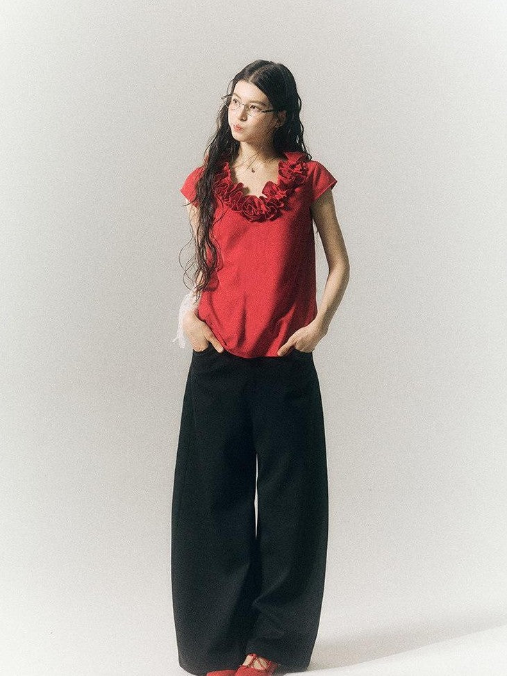 SereneEase 3d Red Floral V-neck Ruffle Women's Polyester Cotton Short Sleeve T-shirts