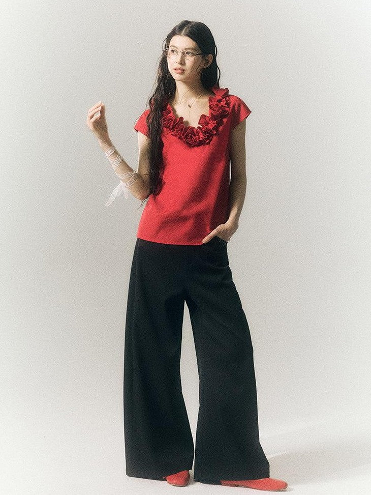 SereneEase 3d Red Floral V-neck Ruffle Women's Polyester Cotton Short Sleeve T-shirts