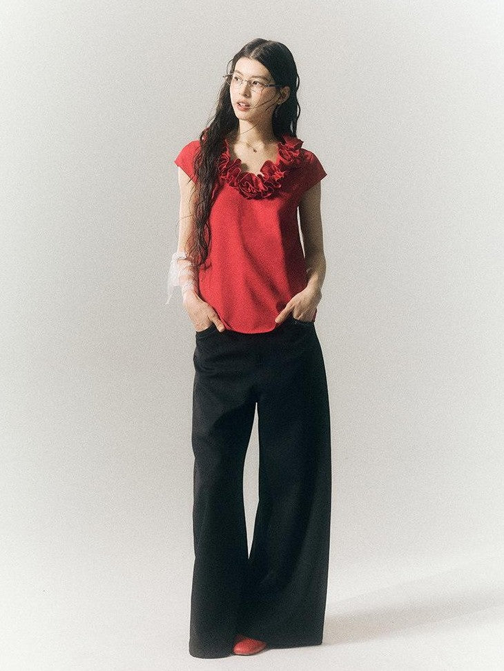 SereneEase 3d Red Floral V-neck Ruffle Women's Polyester Cotton Short Sleeve T-shirts