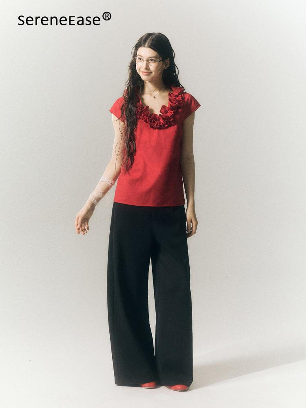SereneEase 3d Red Floral V-neck Ruffle Women's Polyester Cotton Short Sleeve T-shirts