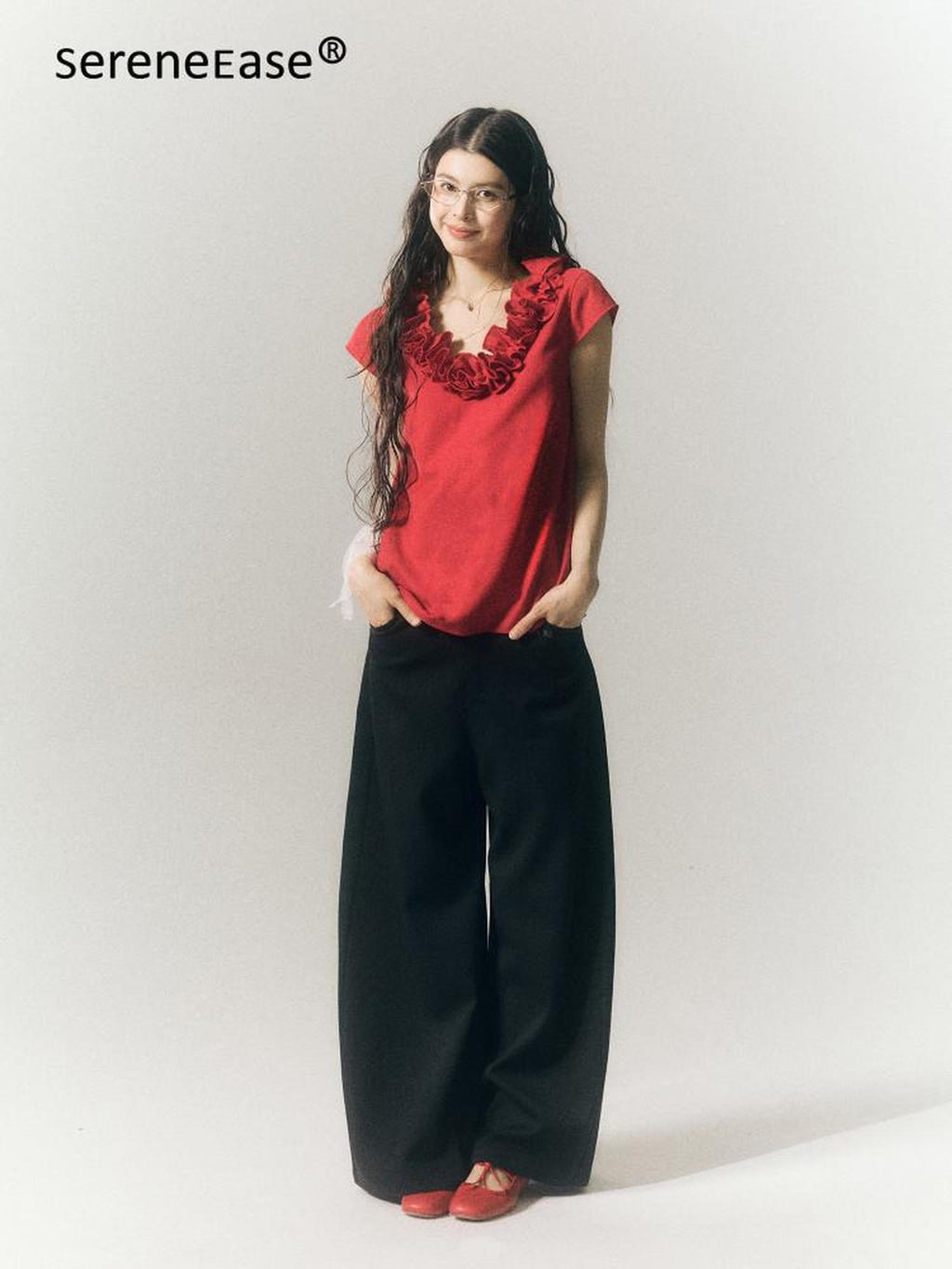 SereneEase 3d Red Floral V-neck Ruffle Women's Polyester Cotton Short Sleeve T-shirts