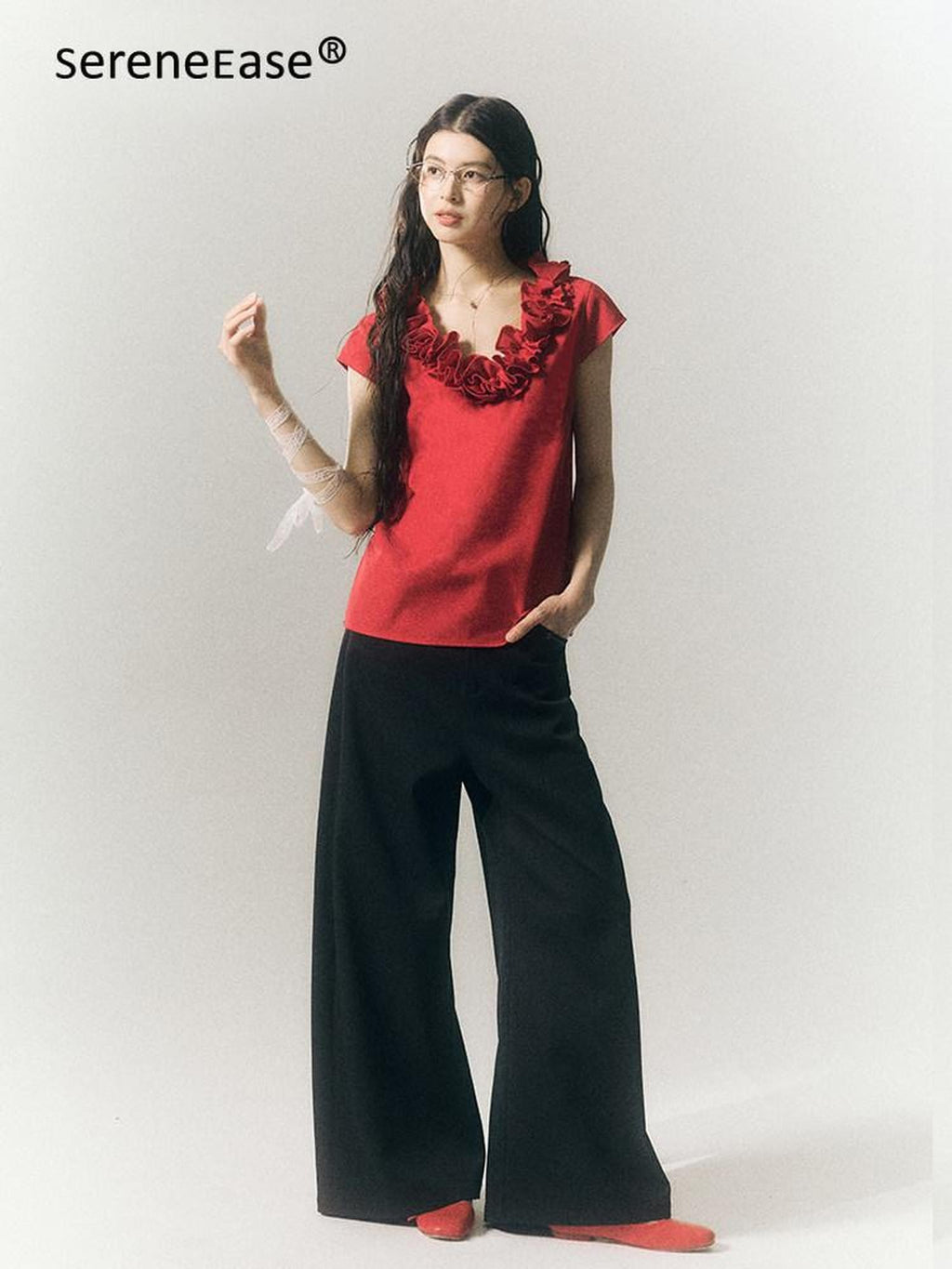 SereneEase 3d Red Floral V-neck Ruffle Women's Polyester Cotton Short Sleeve T-shirts