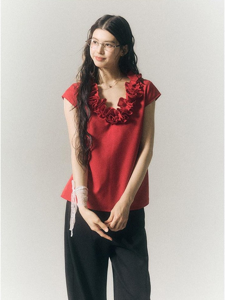 SereneEase 3d Red Floral V-neck Ruffle Women's Polyester Cotton Short Sleeve T-shirts