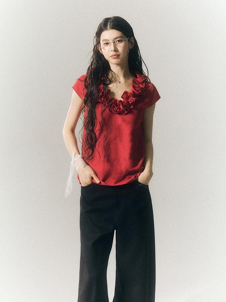 SereneEase 3d Red Floral V-neck Ruffle Women's Polyester Cotton Short Sleeve T-shirts