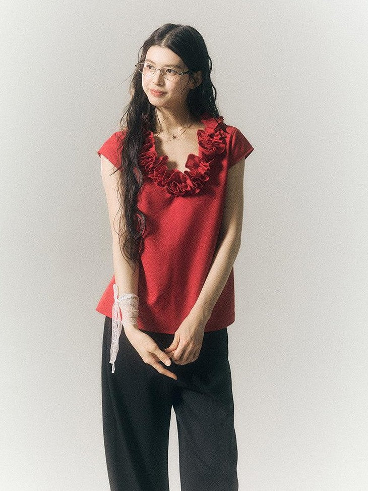 SereneEase 3d Red Floral V-neck Ruffle Women's Polyester Cotton Short Sleeve T-shirts