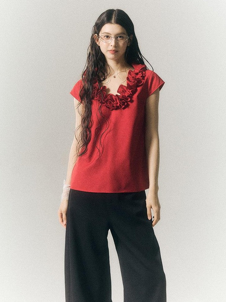 SereneEase 3d Red Floral V-neck Ruffle Women's Polyester Cotton Short Sleeve T-shirts