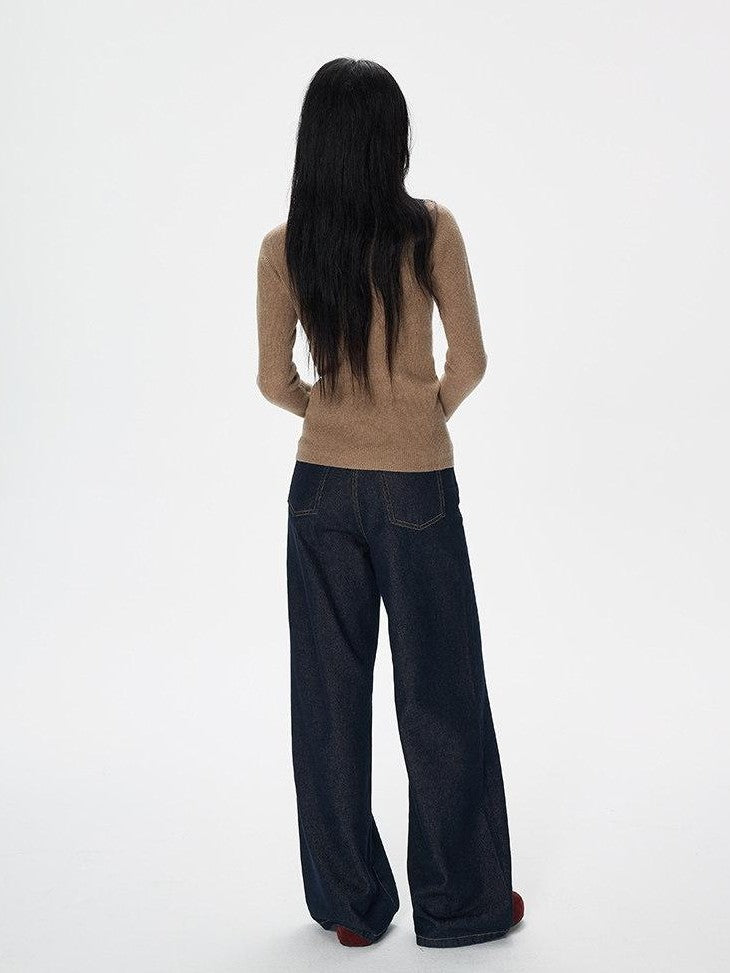 SereneEase American Vintage High Waist Micro Stretch Zip Women's Cotton Wide-leg Jeans