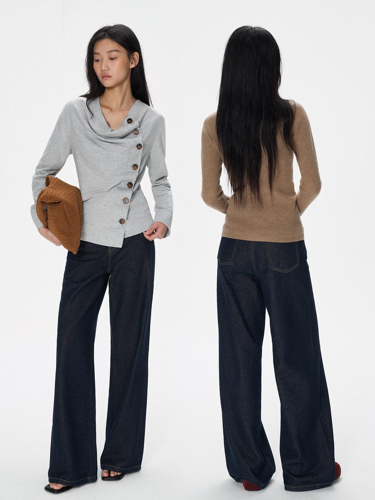 SereneEase American Vintage High Waist Micro Stretch Zip Women's Cotton Wide-leg Jeans