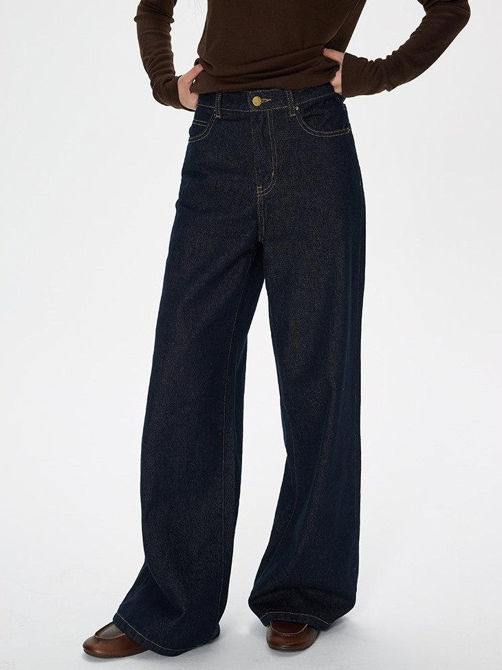 SereneEase American Vintage High Waist Micro Stretch Zip Women's Cotton Wide-leg Jeans
