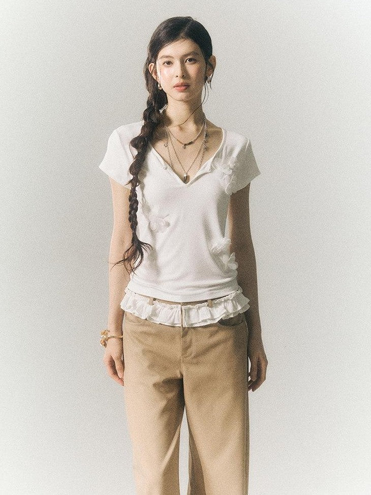 SereneEase Beaded 3d Floral Slim Fit V-neck Women's Cotton Stretch Short Sleeve T-shirts