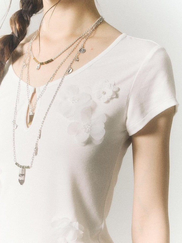 SereneEase Beaded 3d Floral Slim Fit V-neck Women's Cotton Stretch Short Sleeve T-shirts