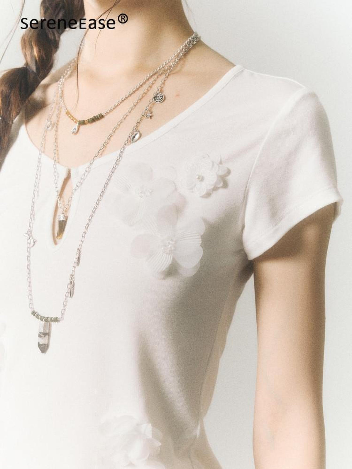 SereneEase Beaded 3d Floral Slim Fit V-neck Women's Cotton Stretch Short Sleeve T-shirts