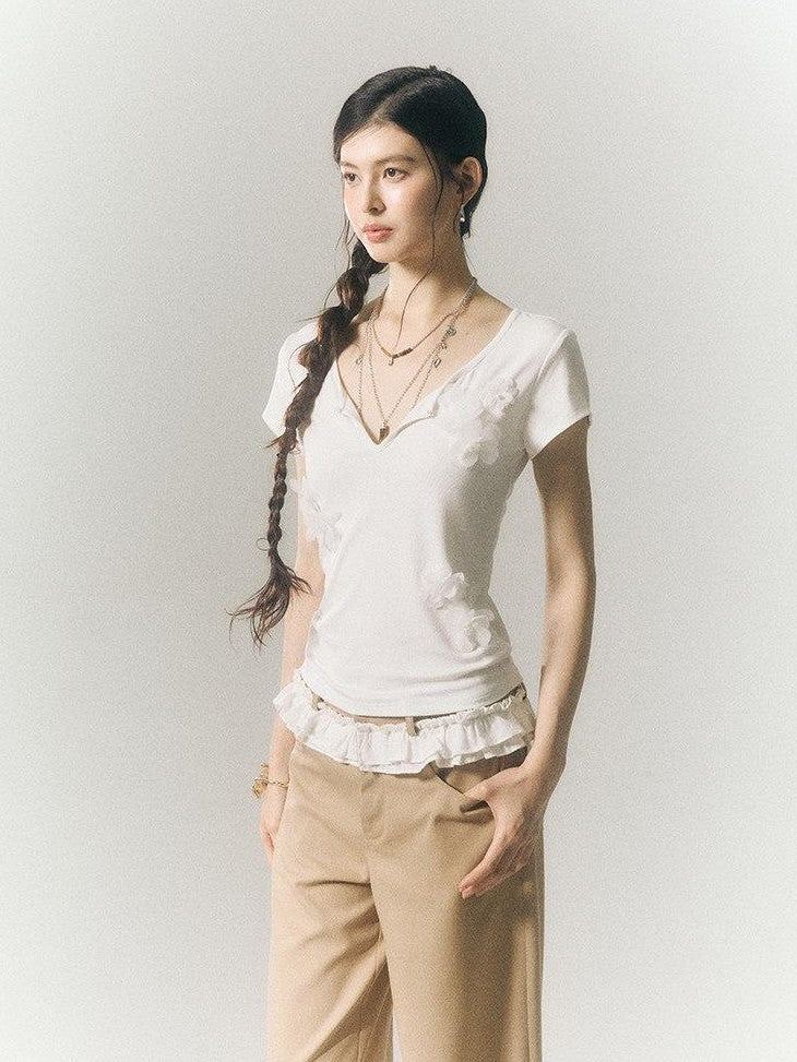 SereneEase Beaded 3d Floral Slim Fit V-neck Women's Cotton Stretch Short Sleeve T-shirts