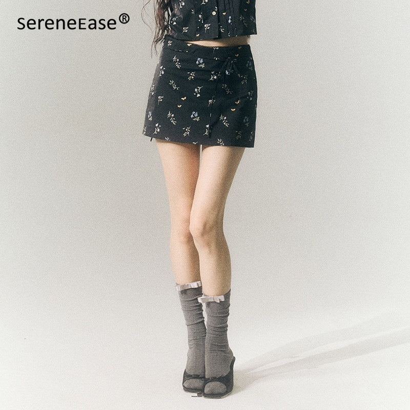SereneEase_Black_Floral_Buttoned_Collared_Slim_Fit_Short_Sleeve_Women's_Matching_Skirt_Sets_923832465219_MISSTT