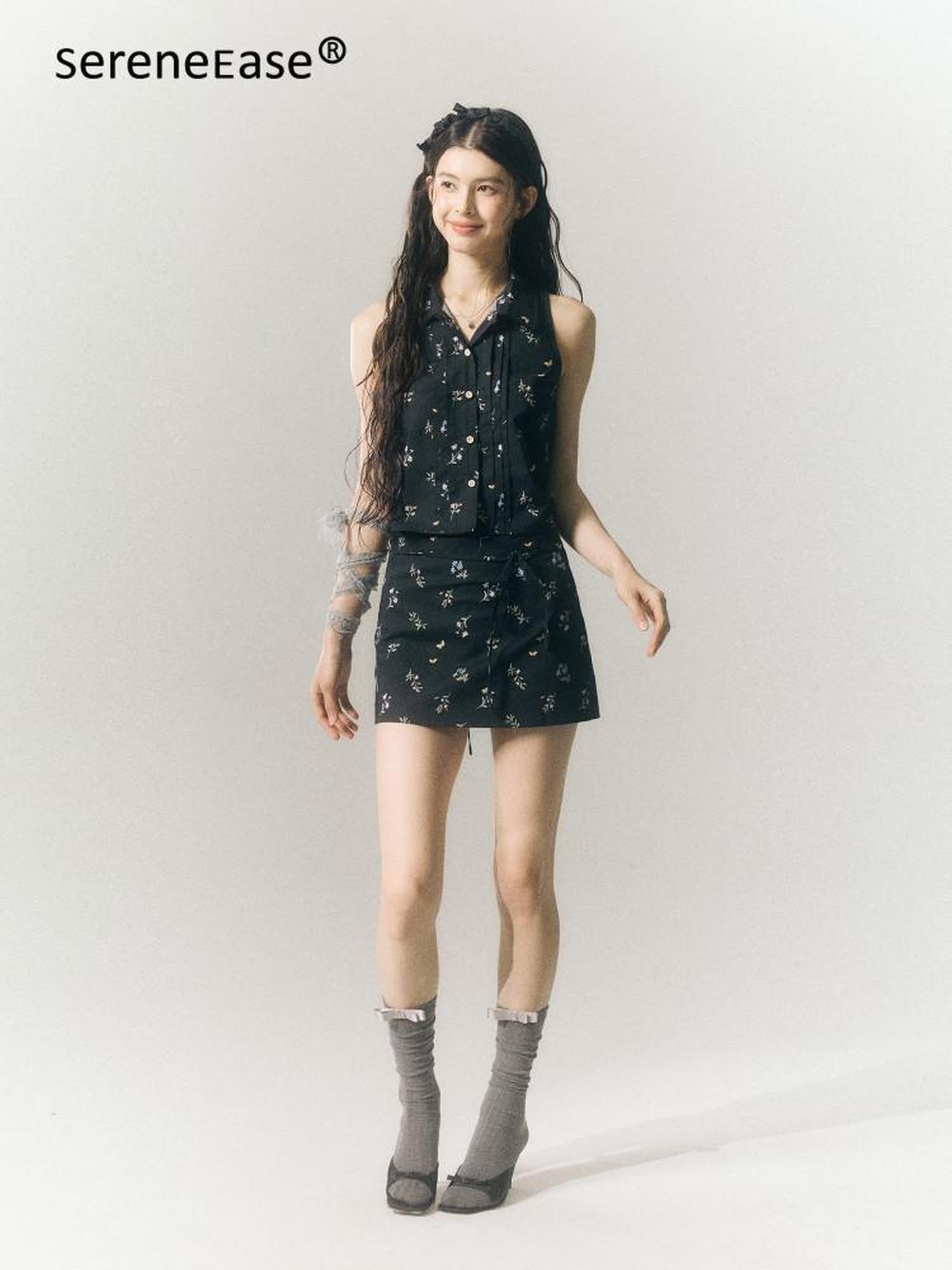 SereneEase Black Floral Buttoned Collared Slim Fit Short Sleeve Women's Matching Skirt Sets