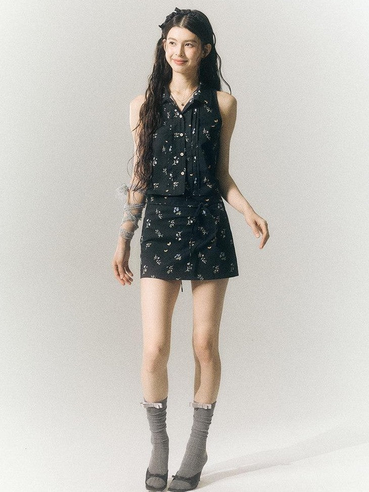 SereneEase Black Floral Buttoned Collared Slim Fit Short Sleeve Women's Matching Skirt Sets