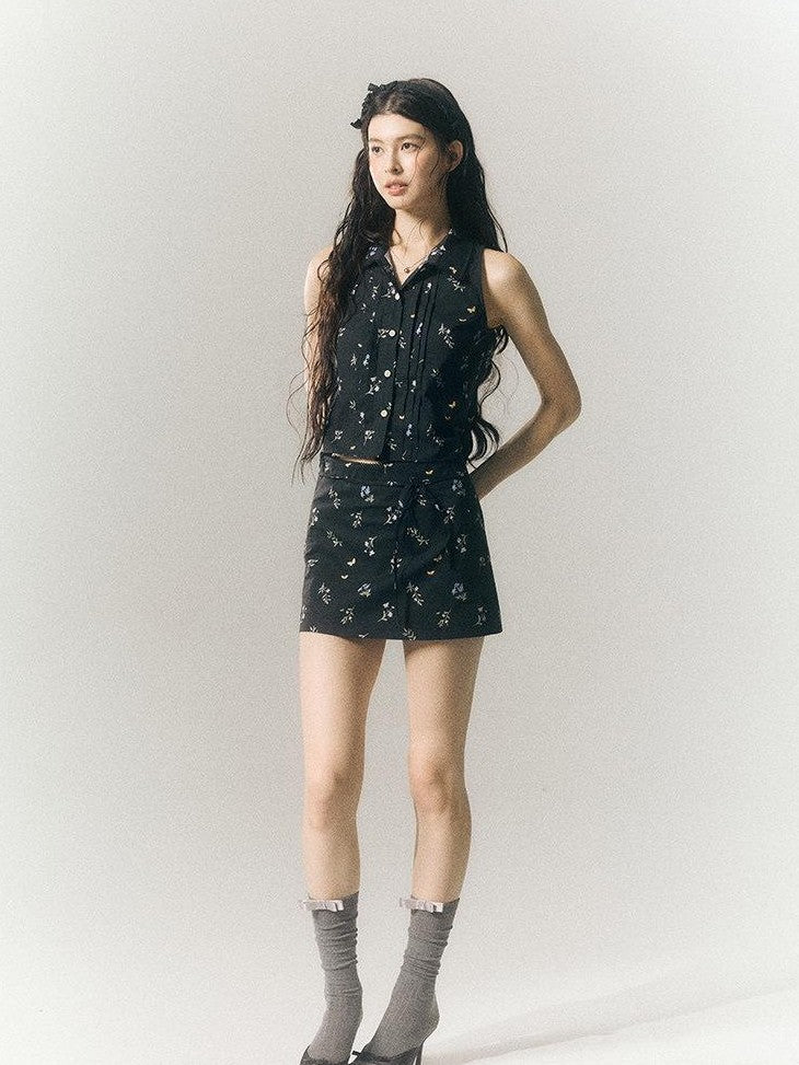 SereneEase Black Floral Buttoned Collared Slim Fit Short Sleeve Women's Matching Skirt Sets