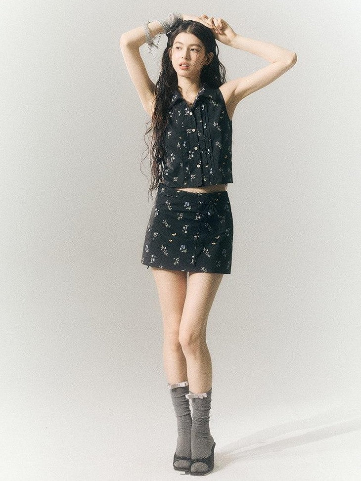 SereneEase Black Floral Buttoned Collared Slim Fit Short Sleeve Women's Matching Skirt Sets